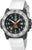 Reloj de hombre con correa de silicona blanca, esfera negra e índices naranjas.