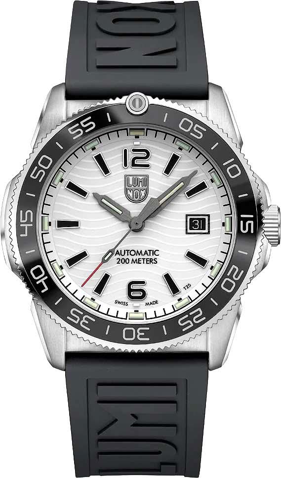 Reloj de hombre con esfera blanca, bisel negro y correa de silicona negra, fecha 31