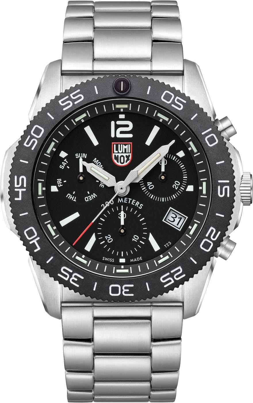 Reloj cronógrafo para hombre con correa de acero inoxidable, esfera negra e índices luminosos