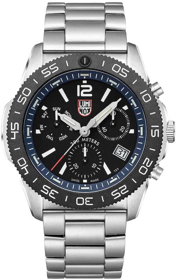 Reloj de buceo con brazalete de acero inoxidable, esfera negra, índices luminosos, fecha 31