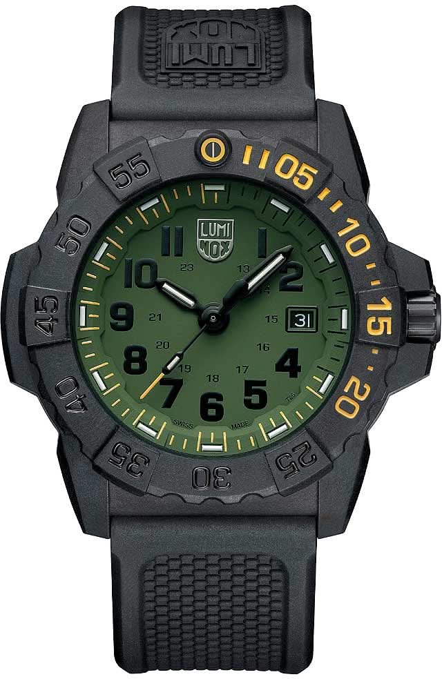 Reloj de hombre con caja negra, esfera verde y correa textil negra