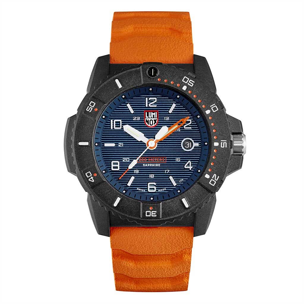 Pulsera de hombre con caja negra, esfera azul y correa naranja