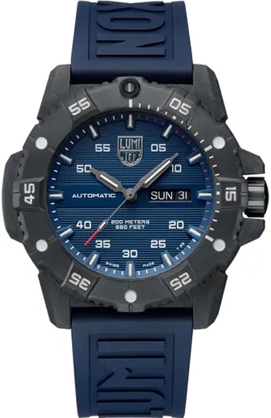 Reloj para hombre con esfera azul, índices luminosos y correa azul y negra