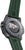 Reloj de hombre con correa verde y vista del interior de la caja/mecanismo en la parte posterior.