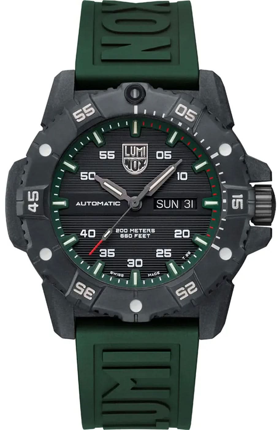 Reloj de hombre con caja negra, esfera verde y correa de silicona verde con fecha 31.