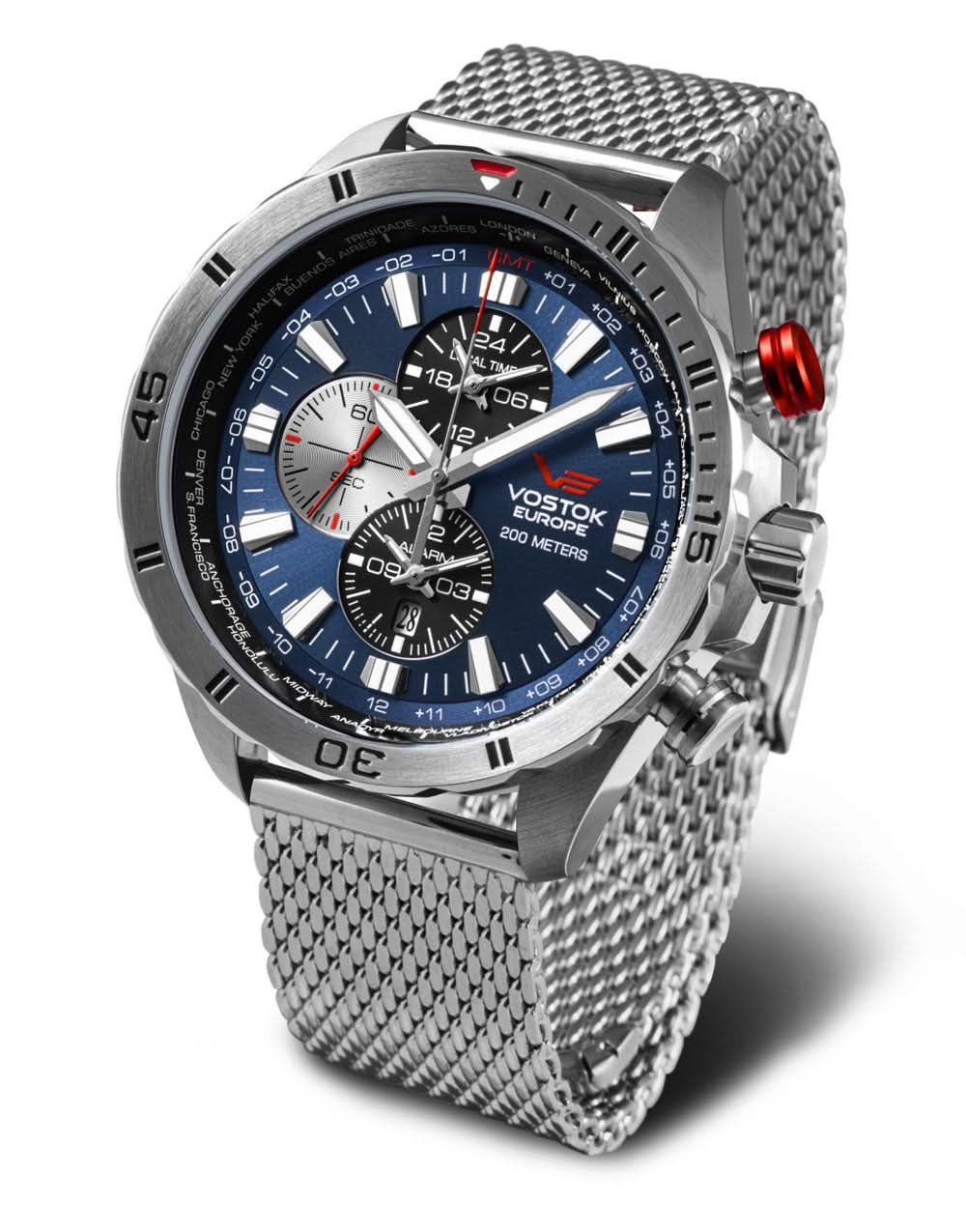 Reloj Vostok Europe para hombre con esfera azul, correa de malla plateada y aspecto de cronógrafo