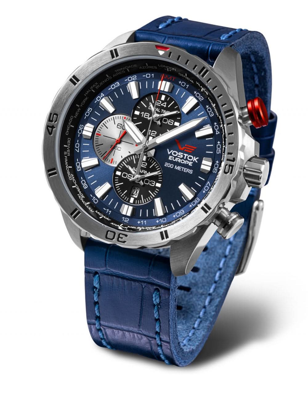 Pulsera de hombre con correa de cuero azul, esfera azul y caja de acero inoxidable
