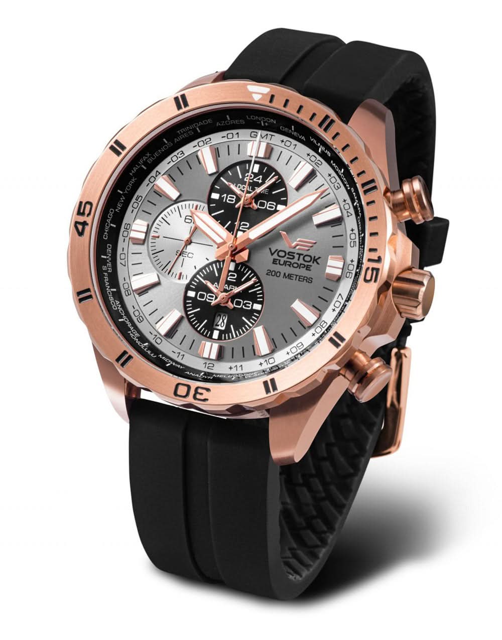 Reloj Vostok Europe Almaz para hombre con bisel en tono oro rosa y correa de silicona negra