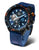 Pulsera de hombre con correa de cuero azul, esfera azul e indicadores de cronógrafo