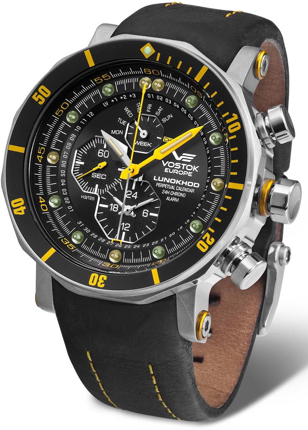 Reloj de hombre con correa de cuero negra y esfera negra con detalles amarillos