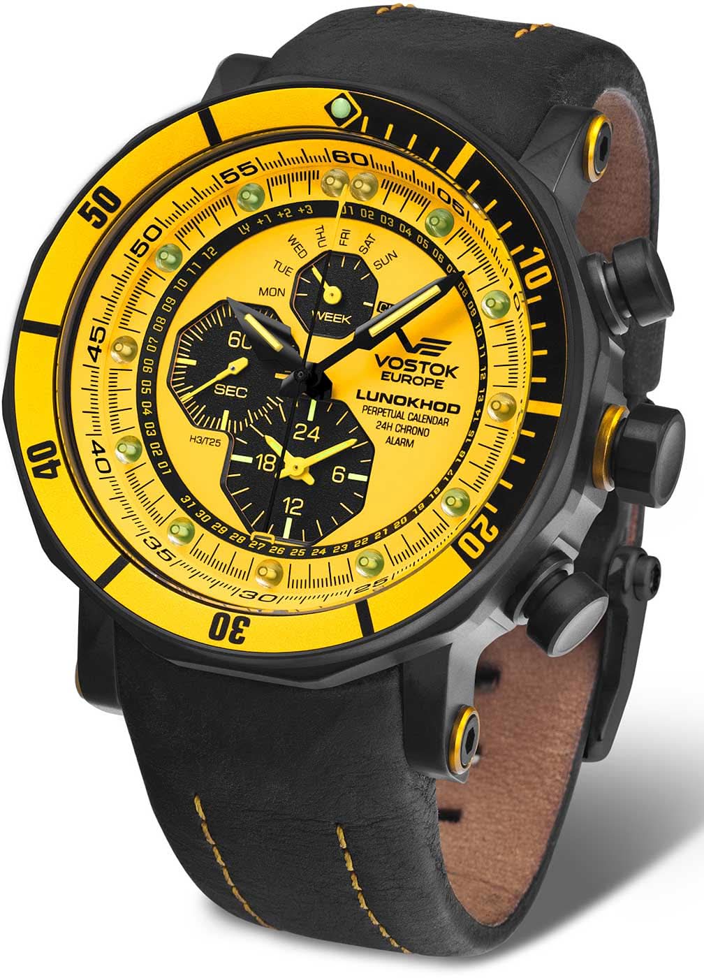 Pulsera de hombre con caja negra, esfera amarilla, correa de cuero negra