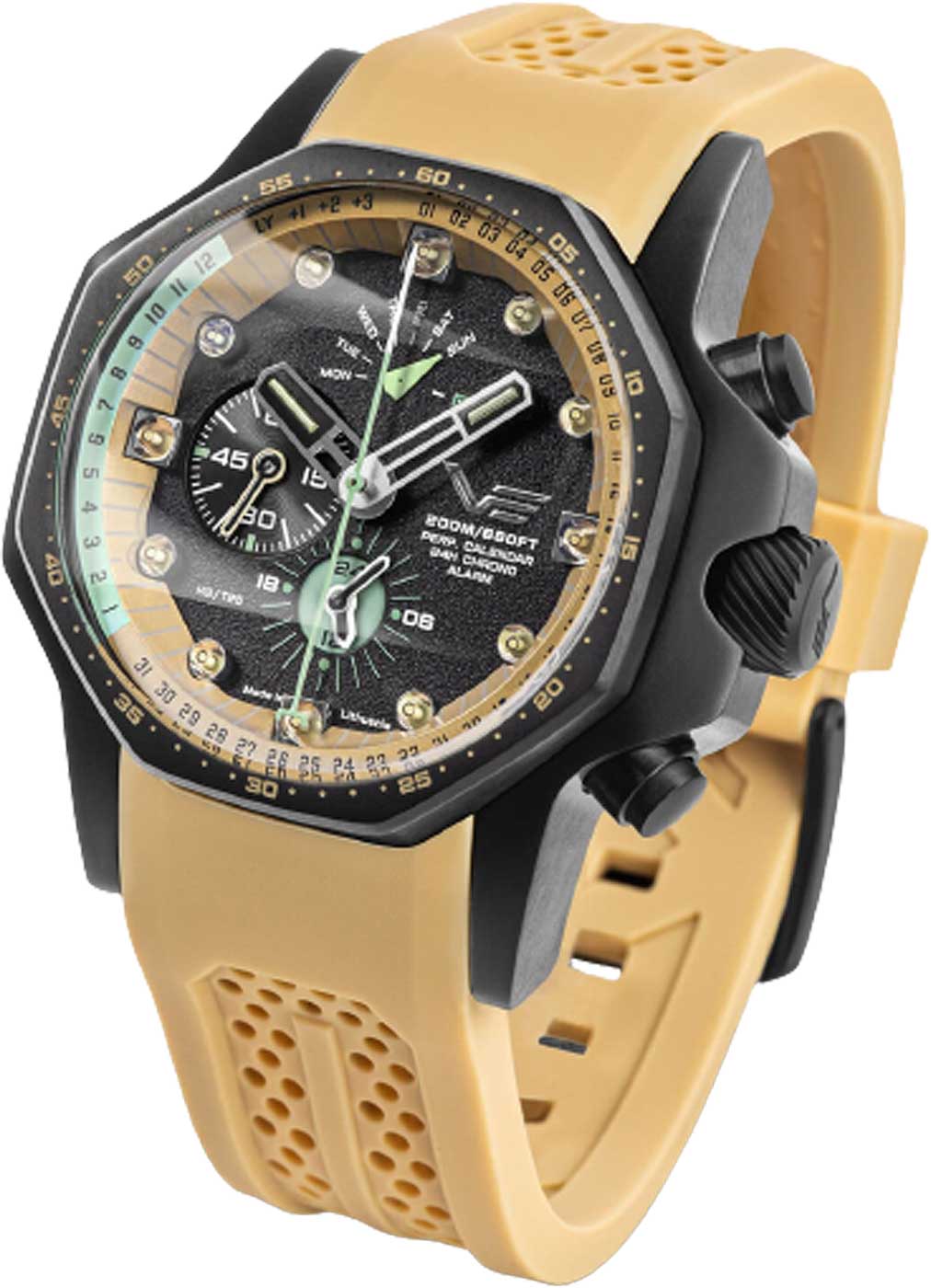 Reloj de pulsera para hombre con esfera negra, correa de silicona beige e índices luminosos