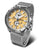 Reloj de hombre con correa de metal plateado y esfera beige, visualización analógica de la hora