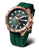Reloj para hombre: correa de silicona verde, caja en tono oro rosa, esfera negra.