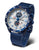 Reloj de hombre con correa de malla azul y esfera blanca, visualización analógica