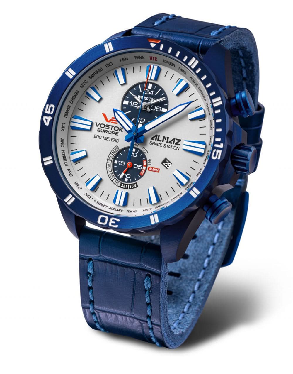 Reloj de pulsera azul para hombre con correa de cuero y esfera blanca, caja redonda