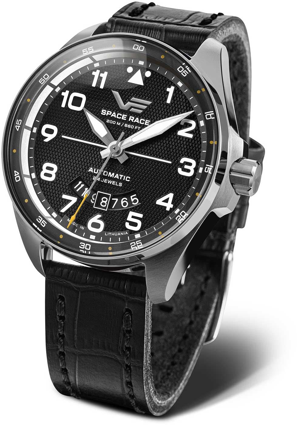 Pulsera de hombre con correa de cuero negra y caja plateada, esfera negra