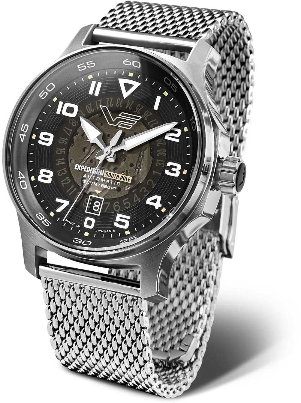 Pulsera de plata para hombre con correa de malla de acero inoxidable y esfera negra