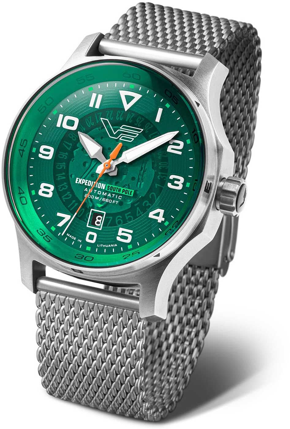 Reloj de hombre con esfera verde y brazalete de metal plateado, bisel redondo