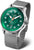 Reloj de hombre con esfera verde y brazalete de metal plateado, bisel redondo