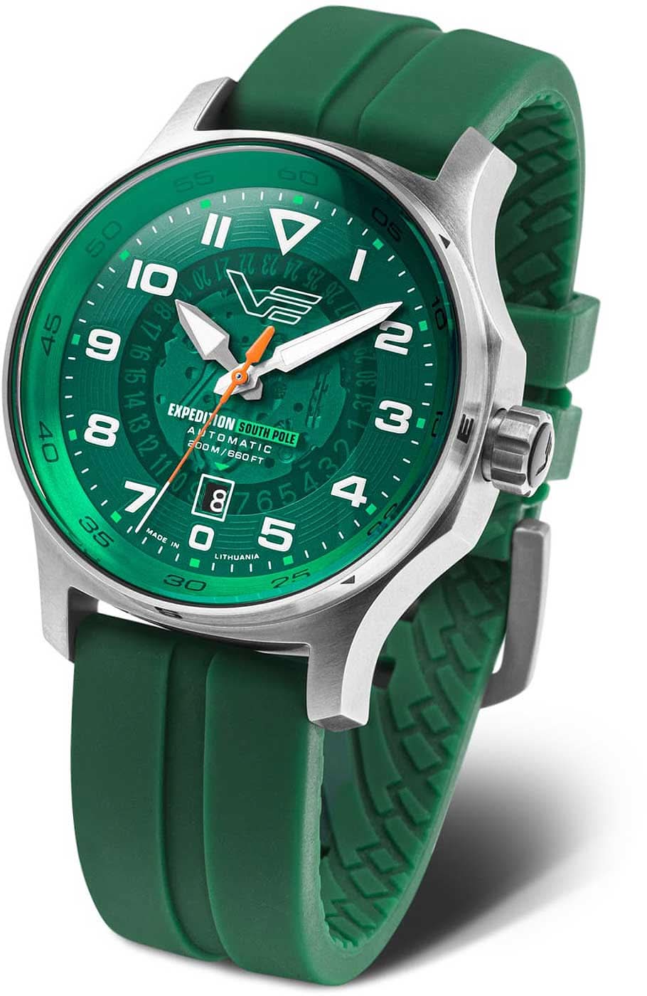 Reloj de hombre con esfera verde y correa de silicona verde, caja y manecillas metálicas