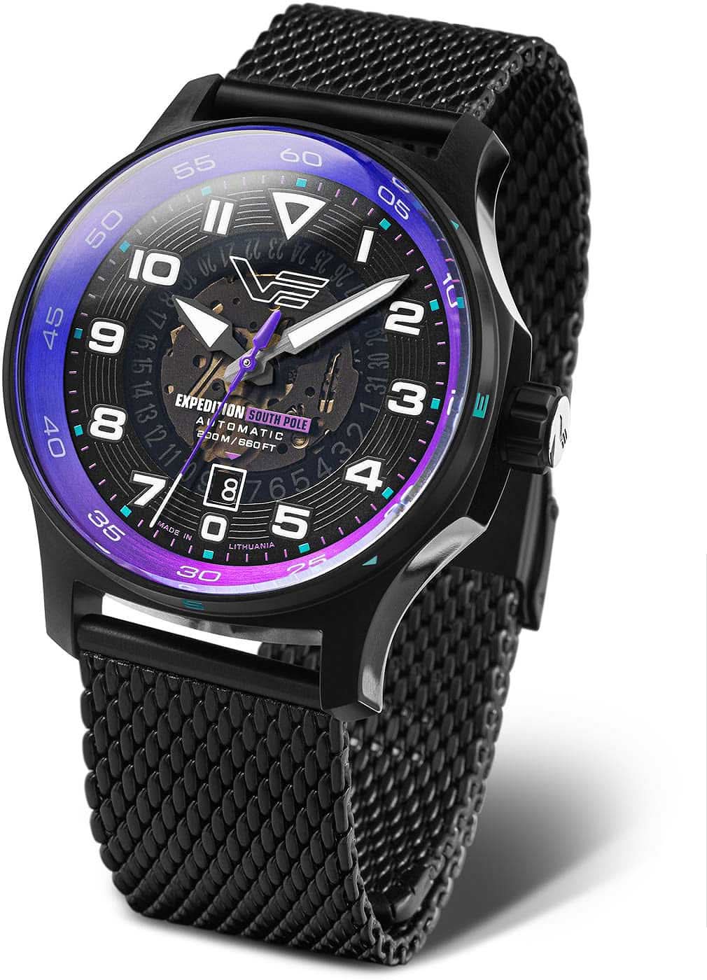 Pulsera de hombre con correa de metal negra, esfera y manecillas moradas