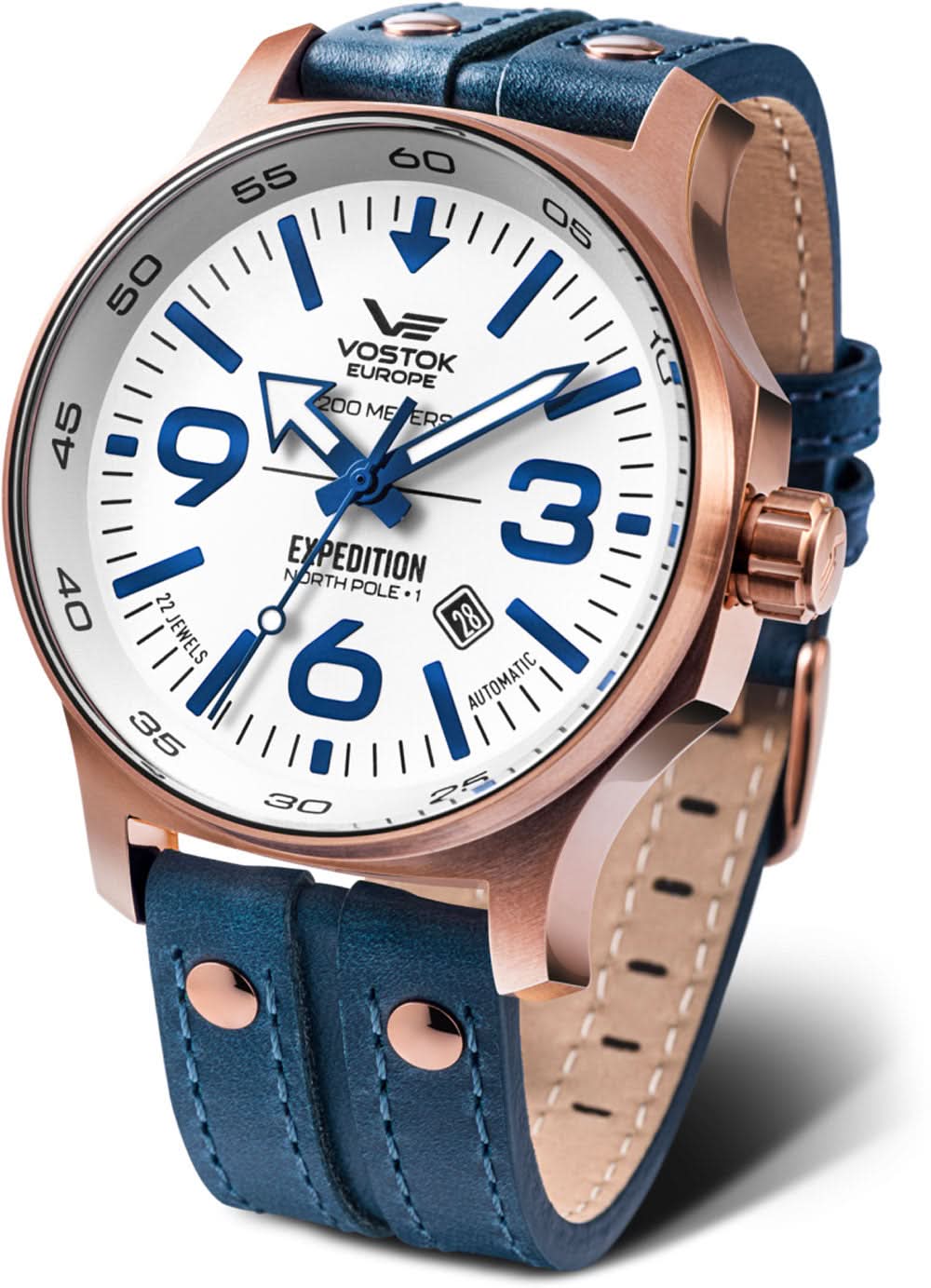 Reloj de hombre con esfera blanca, anillo de acento azul y correa de cuero azul, bisel de oro rosa