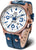 Reloj de hombre con esfera blanca, anillo de acento azul y correa de cuero azul, bisel de oro rosa