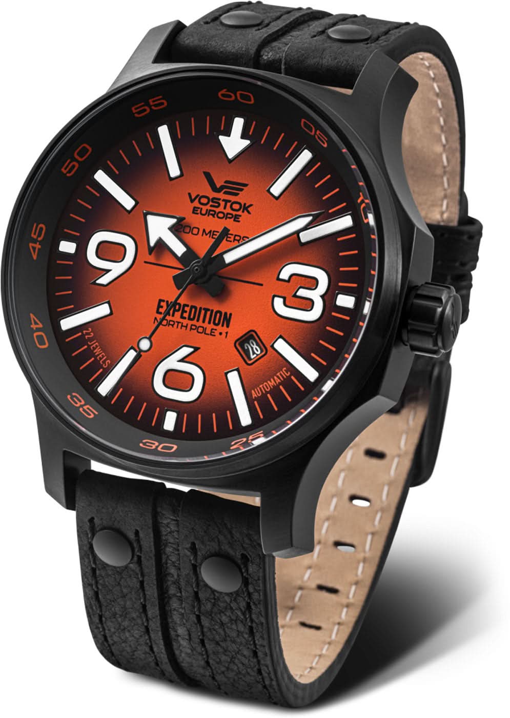 Reloj para hombre: correa de cuero negra, esfera negra con marcadores rojos