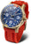 Reloj de hombre con esfera azul, caja dorada y correa de silicona roja