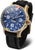 Reloj de hombre con esfera azul, caja dorada y correa de silicona negra