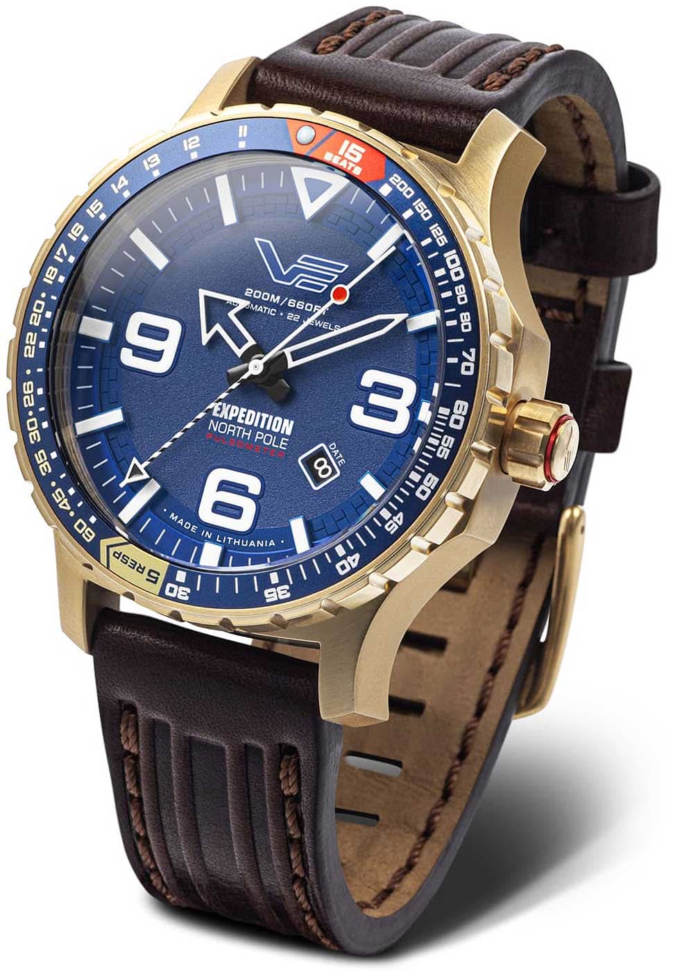 Reloj de hombre con esfera azul, caja dorada y correa de cuero marrón