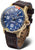 Reloj de hombre con esfera azul, caja dorada y correa de cuero marrón