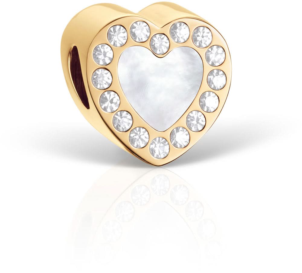 Charm de corazón en acero inoxidable, color dorado, con borde de cristal en forma de corazón