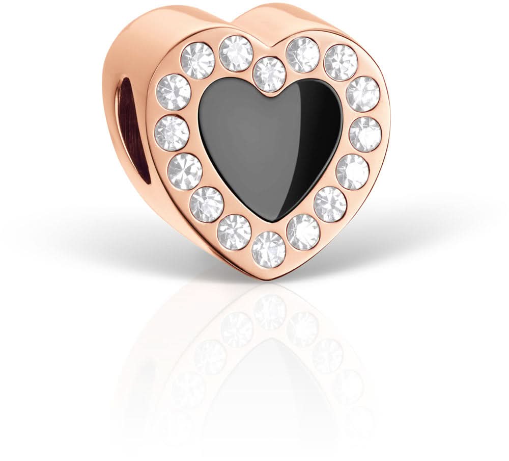 Charm de corazón en acero inoxidable en tono oro rosa con inserción negra y circonitas cúbicas transparentes