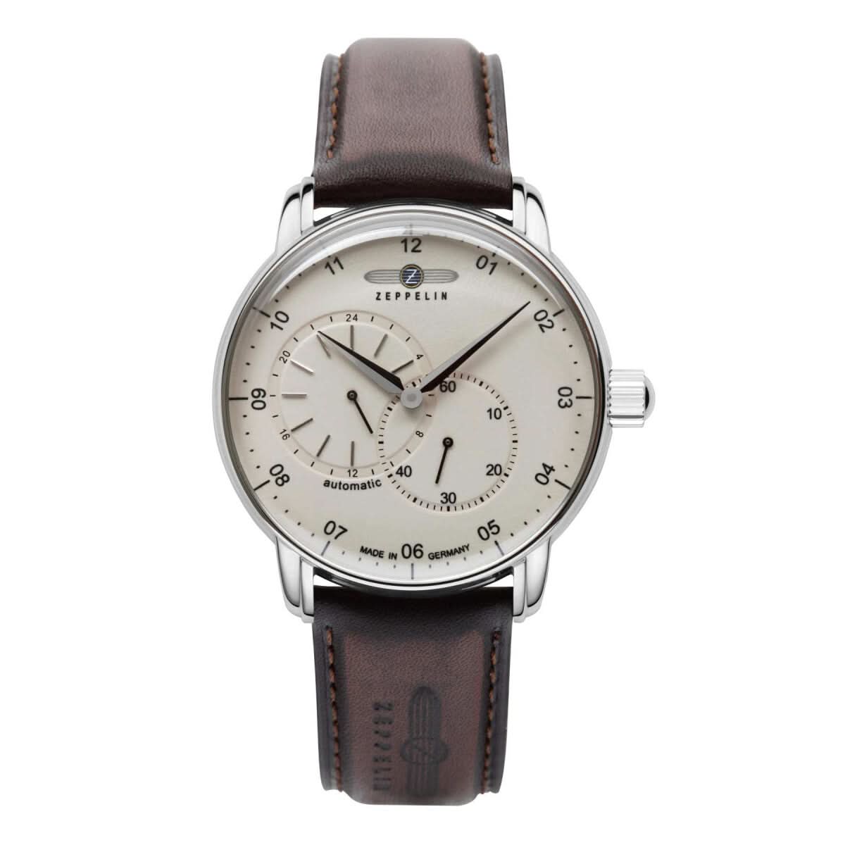 Pulsera de hombre con correa de cuero marrón, caja plateada y esfera beige