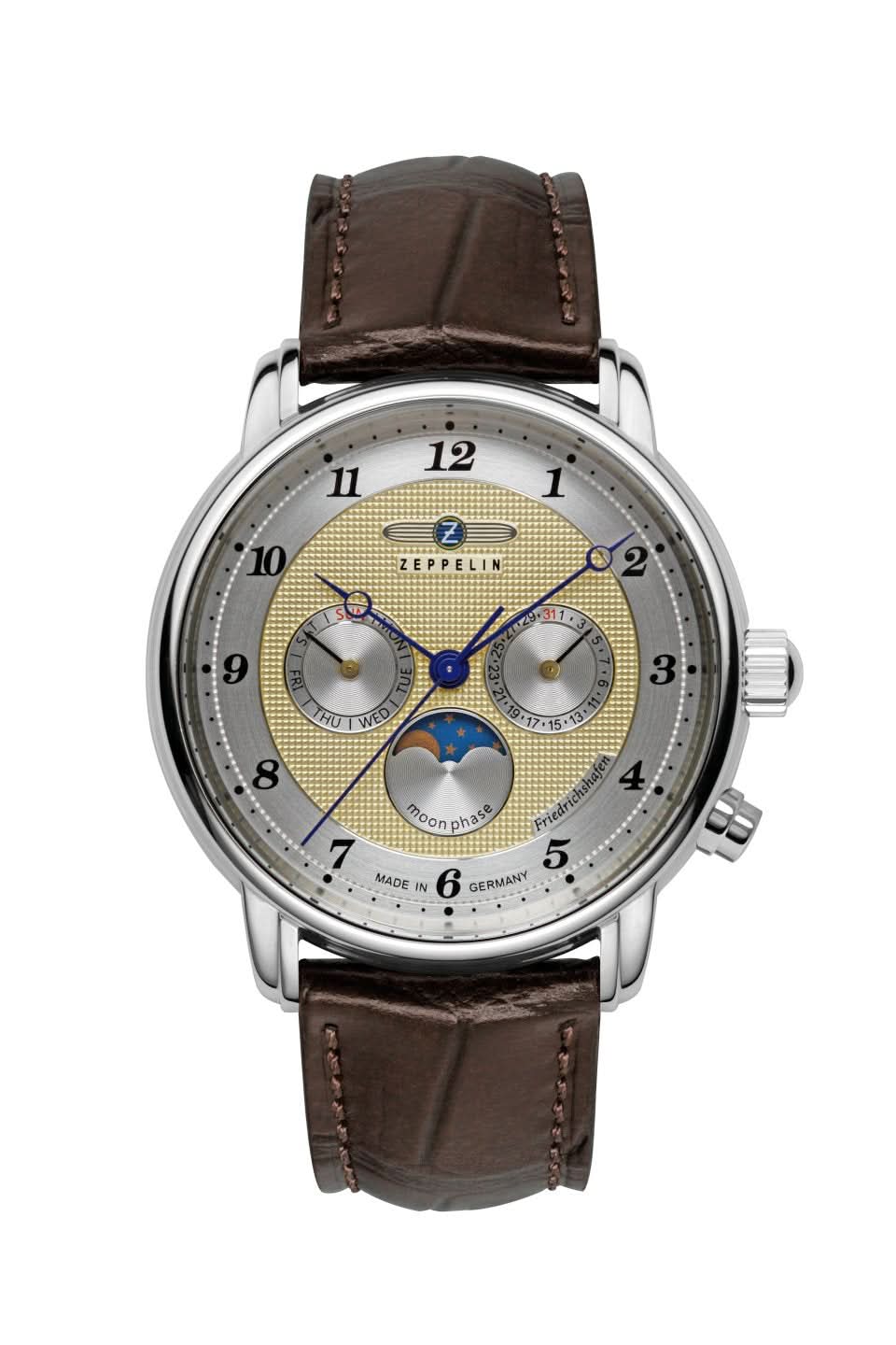 Reloj Zeppelin para hombre con correa de cuero marrón, caja redonda plateada y esfera beige