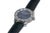 Pulsera de hombre con correa de cuero azul oscuro, caja plateada y esfera azul (vista lateral)