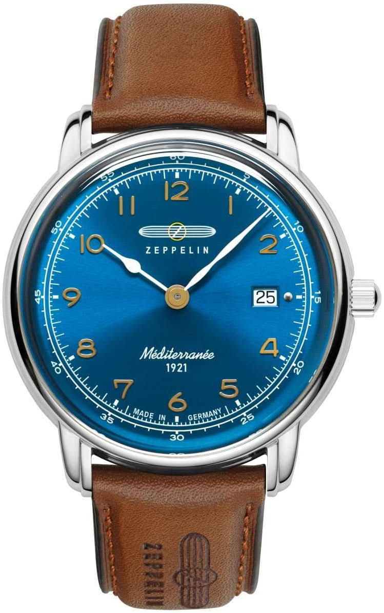 Pulsera de hombre: esfera azul, correa de cuero marrón, caja de acero inoxidable y ventana de fecha