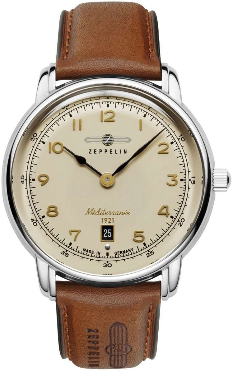 Pulsera de hombre con correa de cuero marrón, caja plateada y esfera beige, Zeppelin