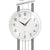 Nahansicht Wanduhr: weißes Zifferblatt mit AMS-Logo, Glasfront und silbernen Zeigern