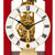 Primer plano del reloj de mesa: carcasa roja, esfera blanca y mecanismo dorado