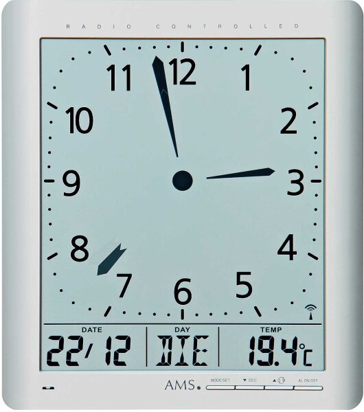 reloj de pared radiocontrolado reloj de mesa día de la semana, temperatura - AMS Modelo: 5898