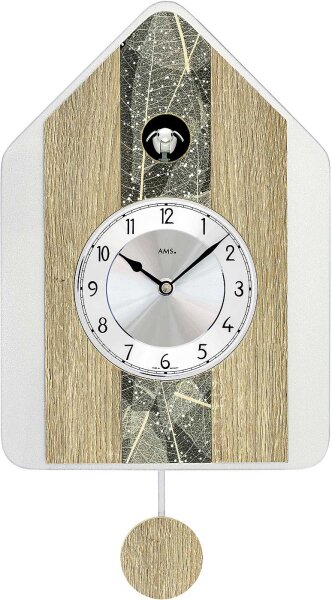 reloj de cuco moderno con incrustación de hoja de árbol natural - AMS Modelo: 7499