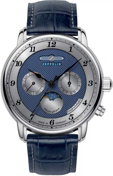 Friedrichshafen Reloj de hombre de cuarzo con indicador de fases lunares, correa de cuero azul oscuro con aspecto de cocodrilo - Zeppelin Modelo: 8536-3