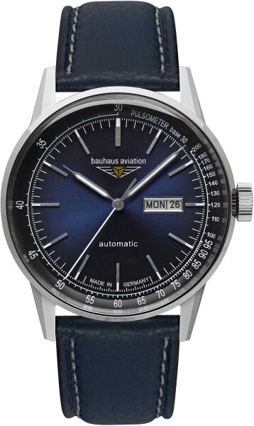 Reloj de pulsera automático para hombre con esfera azul oscuro, manecillas e índices luminosos, escala pulsómetro, indicador de fecha y día de la semana, cristal K1 de seguridad – Bauhaus Modelo: 2366-3