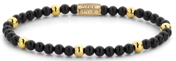 Pulsera de piedras preciosas negras y doradas con cierre de acero inoxidable - Rebel & Rose Modelo: RR-40043-G-S