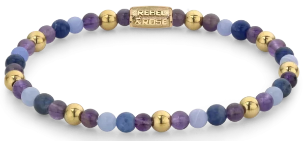 Pulsera de piedras preciosas en púrpura, violeta y oro con cierre de acero inoxidable - Modelo Rebel&Rose: RR-40064-G-S