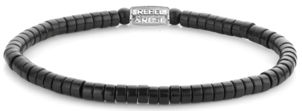 Pulsera negra de piedra negra en forma de disco con cierre de acero inoxidable - Modelo Rebel&Rose: RR-40073-S-L