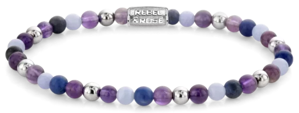 Pulsera de piedras preciosas en mezcla de colores violeta y plata con cierre de acero inoxidable - Modelo Rebel&Rose: RR-40102-S-S